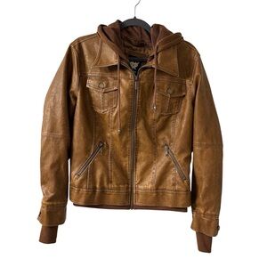 Lock & Love Brown Faux Leather Moto Jacket with Hoodie Sz Large